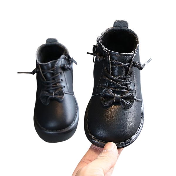 

autumn winter children casual leather boots baby girls bow decor pu shoes walking shoe plush soft soled baby princess shoes, Black;grey