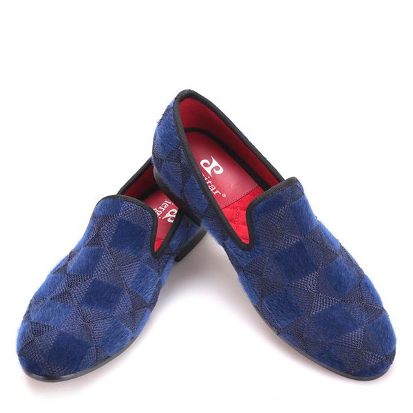 Two Colors Men Velvet Shoes With Plaid Horse Hair Men Prom Loafers