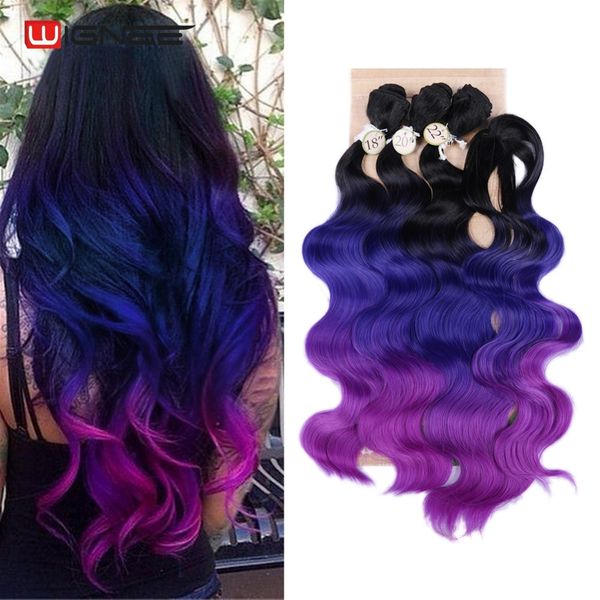 

nee ombre color body wave hair bundles with closure heat resistant weavon hair colorful purple/grey synthetic extensions, Black