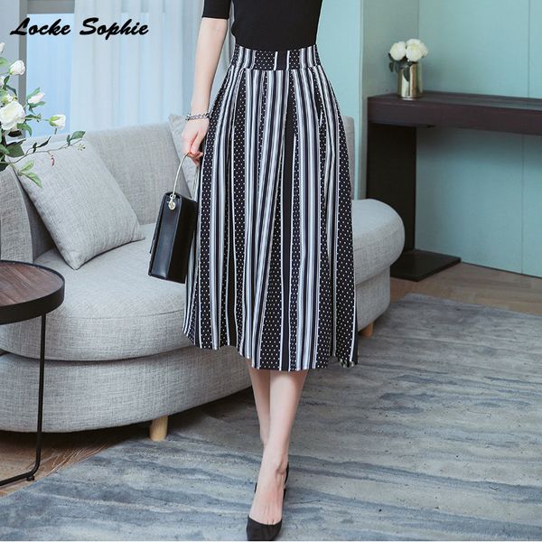 

1pcs hight waist skirts womens a-line skirts 2019 summer fashion chiffon prints splicing stripe black skirt ladies casual