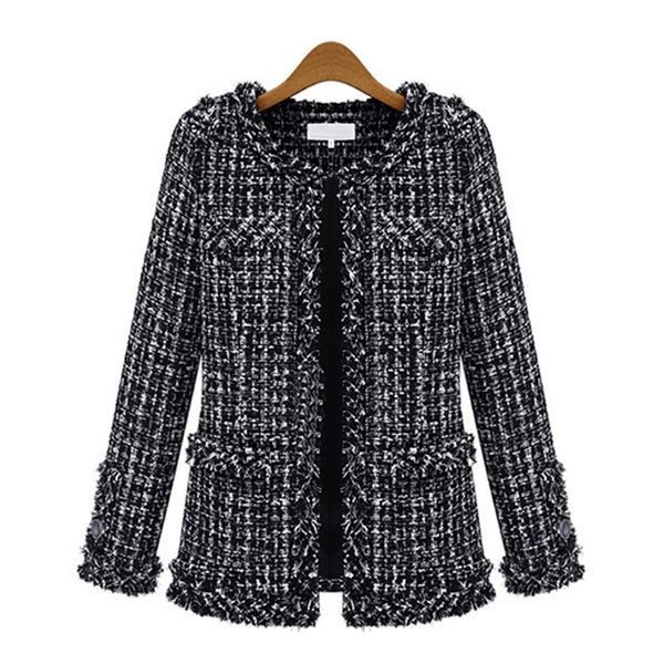 

oushang elegant long sleeve plaid jackets female vintage oversize tassel tweed wool blends black coat women 2020 plus size