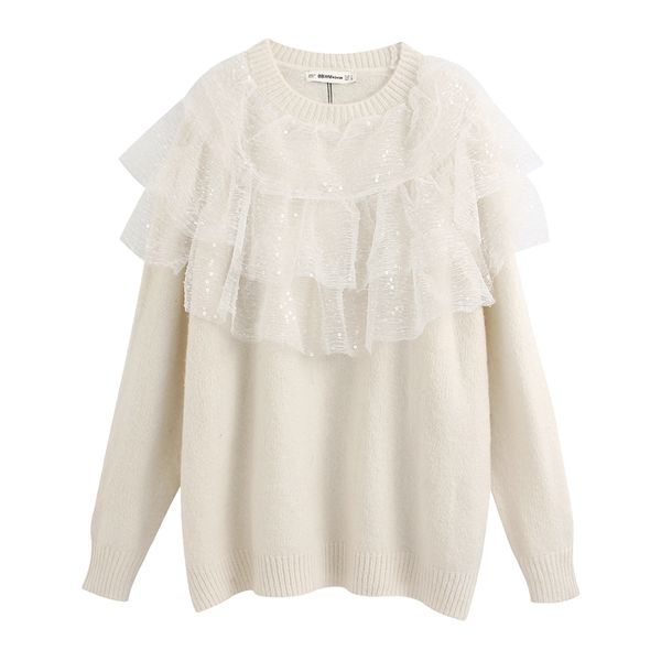 

agong loose cascading lace sweaters women fashion sweet solid o neck sweater women elegant long sleeve sweaters female ladies lp, White;black