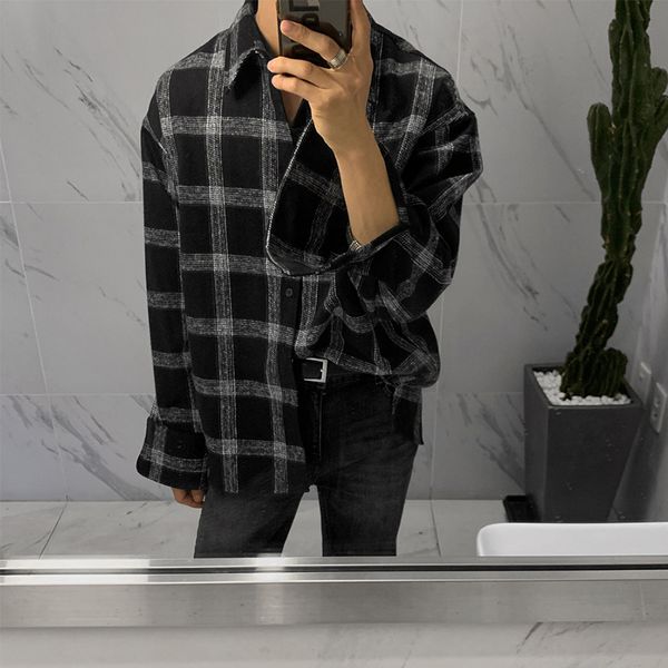 

men's casual shirts 2021 spring and autumn youth plaid brushed long-sleeved shirt fashion loose lapel wild black -xl, White;black