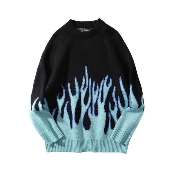 

sweater men streetwear retro flame pattern hip hop autumn new pull over spandex o-neck oversize couple casual men's sweaters, White;black