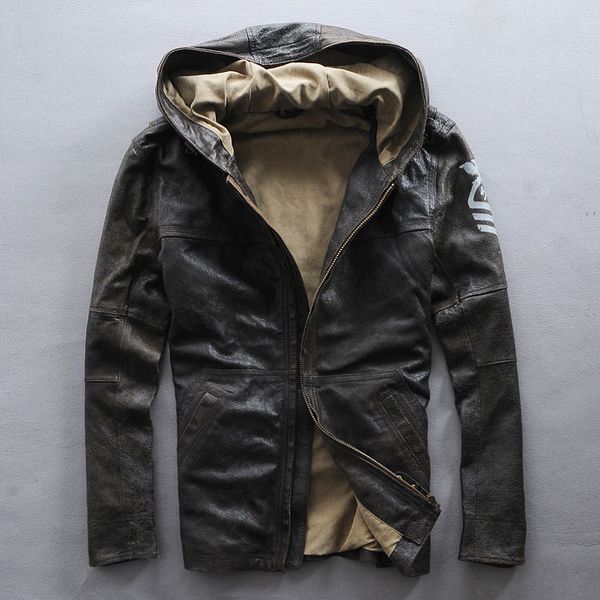 

2018 new hooded genuine leather jacket men sheepskin flight jacket black casual pilot autumn windbreaker men brown coat