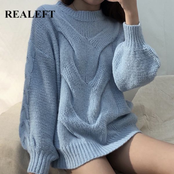 

realeft autumn winter warm long sleeve loose o-neck women's sweaters pullover korean style minimalist knitting sweater casual female, White;black