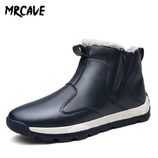 

mrcave boots men leather men's winter ankle boot men warmest snow boots double slip on boot casual thick fur shoe, Black