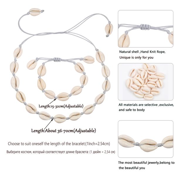 

2 pcs/set natural shell bracelet hand knit seashell necklace women jewelry adjustable boho beach charm necklace bracelet gifts, Golden;silver