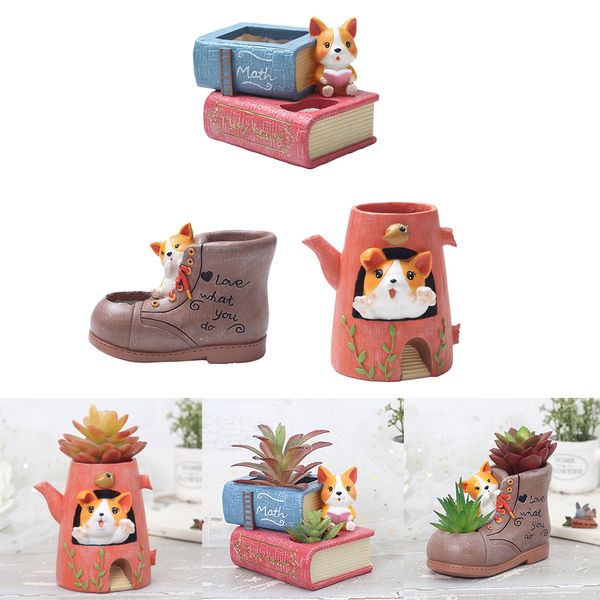 

3x creative resin succulent pot garden planter corgi figurine home ornament