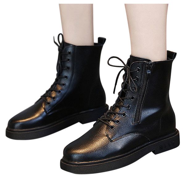 

solid color black women's booties leisure lace-up zipper chunky square heels short lady boots shoes wellingtons zapatillas mujer
