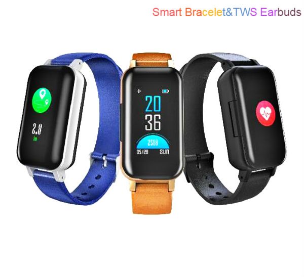 

perfect quality t89 smart bracelet tws earbuds bluetooth earphones fitness tracker heart rate monitor sport watch for android ios with ret