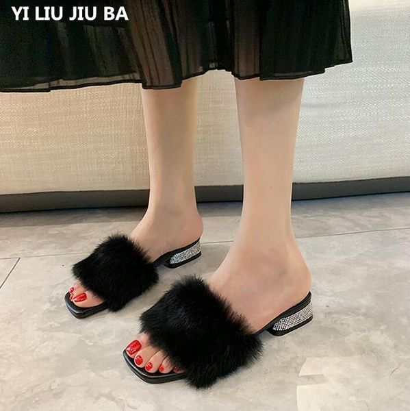 

new women shoes summer woman fur low heels peep toe party shoes woman slippers women casual beach flip-flops sandals mujer, Black