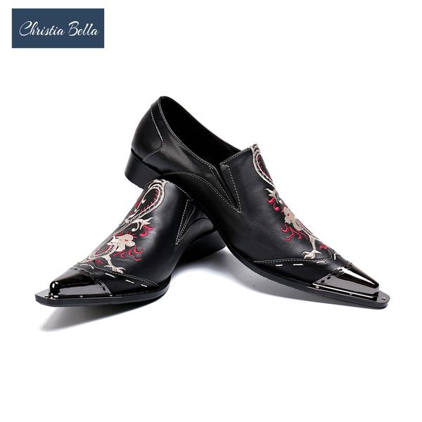 

christia bella fashion iron toe leather shoes exquisite embroidery pointed tide dress shoes for men business style office, Black