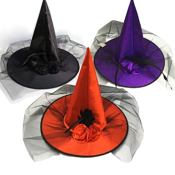 

1pcs halloween witch women retro hat for costume party rose mesh decoration witch hat cospaly costumes prop