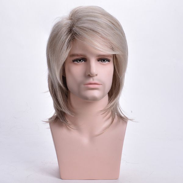 

men wigs straight synthetic wigs natural long male hair light blonde men's wig with bangs heat resistant toupee, Black