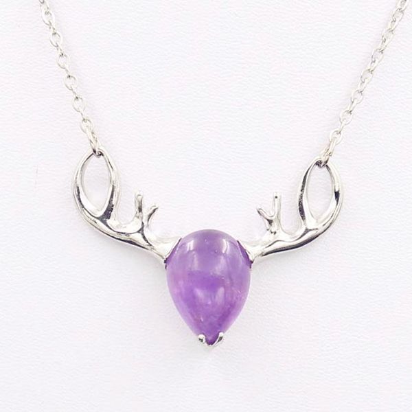 

fyjs unique silver plated sika deer shape pendant natural purple amethysts stone necklace ethnic jewelry