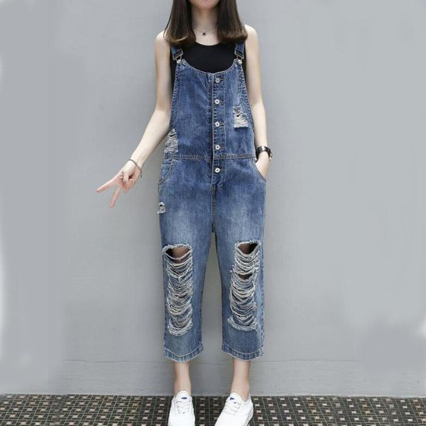 

2020 spring single-breasted denim overalls women ripped loose rompers jumpsuit cropped jeans female denim jumpsuit r316, Black;white