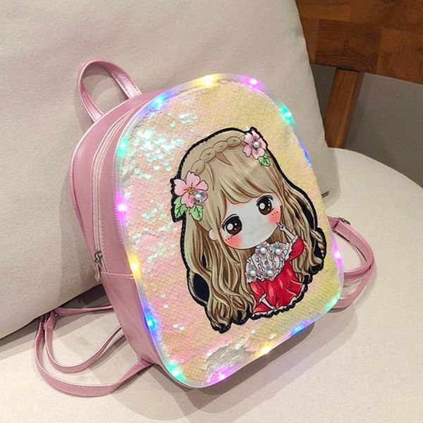

girls cartoon backpacks glow sequins soft leather children's school backpack girls zipper backpacks #20
