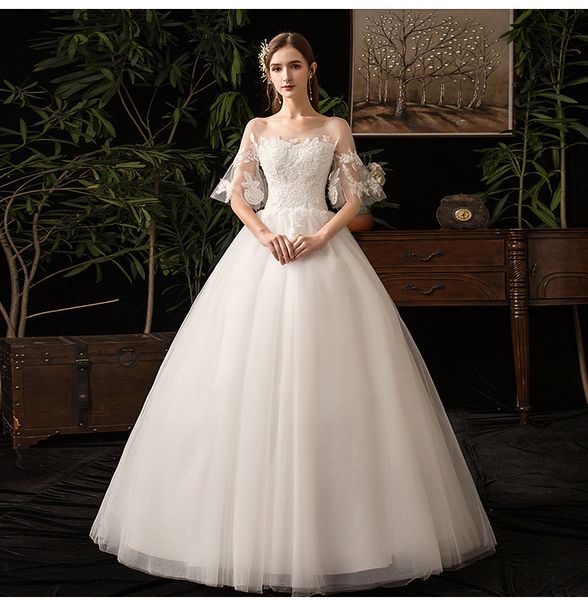 

платье платья венчания мантии шарика плеча коротким рукавом кружевном платье белое свадебное платье невесты 2020, White