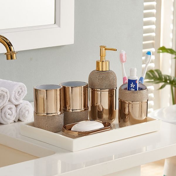 

bathroom accessories set soap dispenser toothbrush holder gargle cup luxury wedding gifts gold/silver finished 6 pieces set