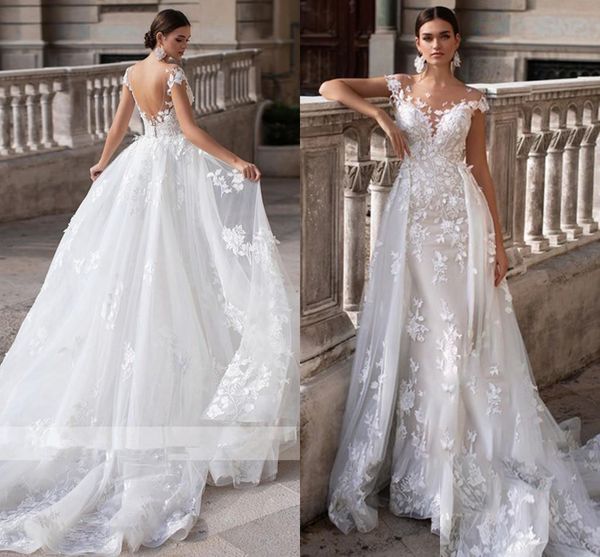 

two pieces wedding dress detachable train appliques lace mermaid sweetheart vestido de novia princess bridal gown plus size, White