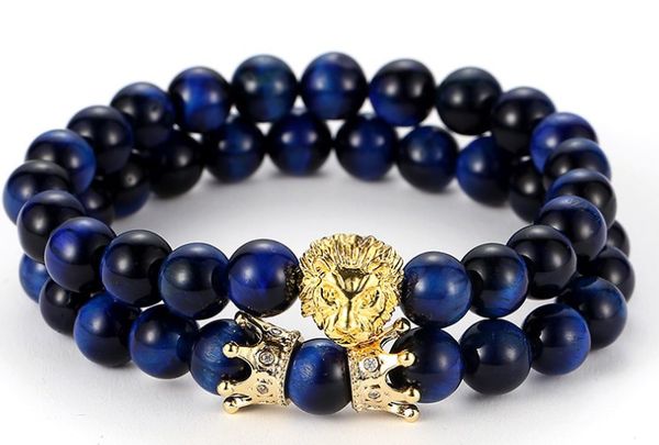 

8mm 2pcs/set yh24 elastic adjusted nature blue tigereye bead micro pave cz zircon cubic zirconia lion head crown bracelet, Black