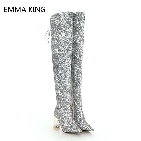 

over the knee long boots ladies pointed crystal square high-heeled shoes woman sequins cloth female straps thigh high boots, Black