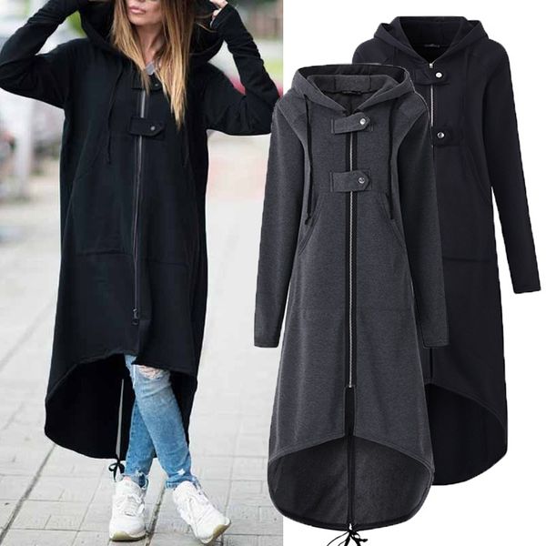 

winter long sleeve hooded jacket women trench coat autumn black zipper plus size velvet long coat women thick warm overwear, Tan;black