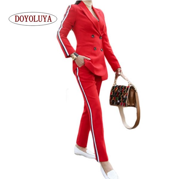 

doyoluya] blazer and pants set red double breasted notched collar office business suits ladies 2018 autumn casual two piece set, Gray