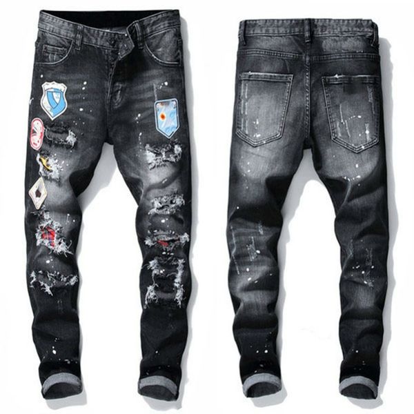 

mens rips stretch black jeans fashion slim fit washed motocycle denim pants panelled hip hop trousers slim-fit elastic trousers eoyd, Blue