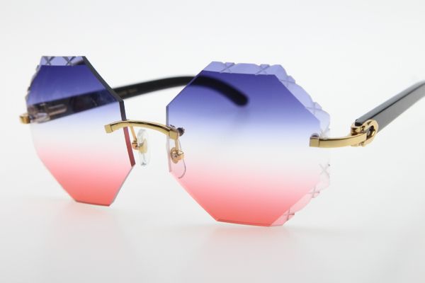 

2020 new style 4189706 rimless black buffalo horn sunglasses rectangle glasses carved blue red lens new fashion classic sunglasses, White;black