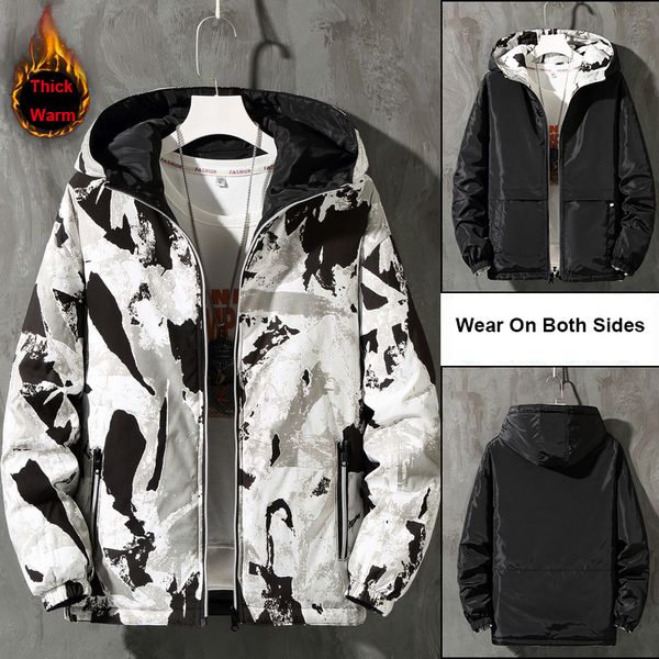 

2019 new men winter jacket double-sided wear camouflage hooded mens winter coat jacket casual thick warm big size men's, Black