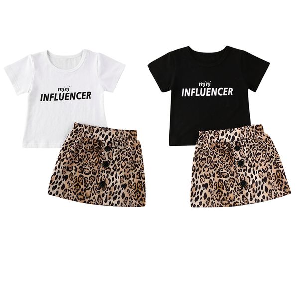 

1-6years mini influencer printed t-shirt + mini leopard skirts 2pcs set for toddler kids baby girls summer clothes, White