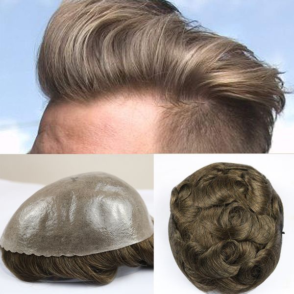 Perucas masculinas de pele fina durável substituição de cabelo humano cor marrom e cinza dentro PU peruca de cabelo masculino