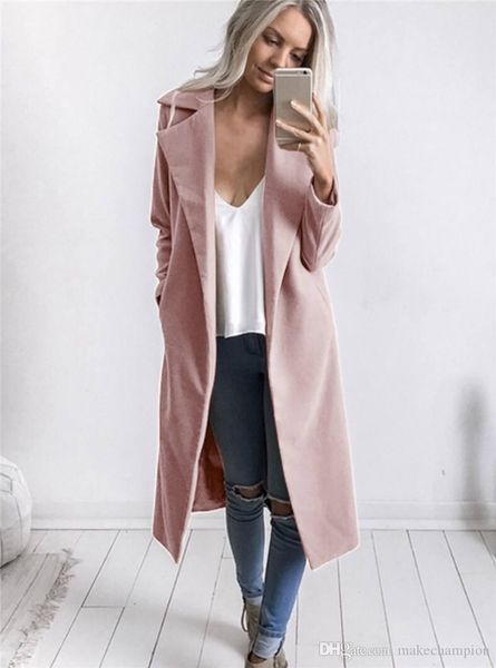 

designer womens winter coat slim solid color women long outwear fashion cardigan lapel neck wool coats spring autumn casual women clothing, Black