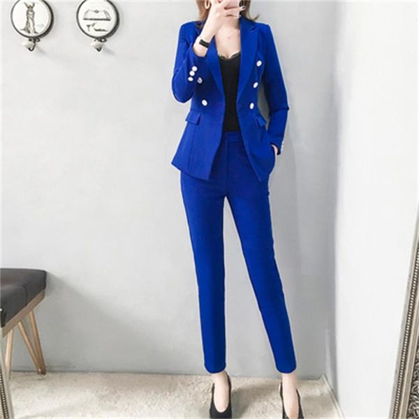 

fashion pant suits women spring new high-end british style casual blue double-breasted suit + pants two-piece suits women, White;black