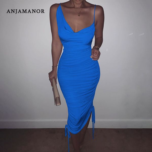 

anjamanor elegant dresses for women drawstring adjustable bandage maxi dress vestidos 2020 summer party club wear d70-ad47, Black;gray