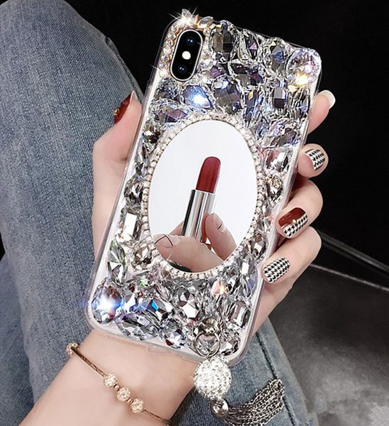 

shining phone case full diamond rhinestone with mirror tassel cover for iphone x xr xs max 8 7 6 6s plus for women gifts