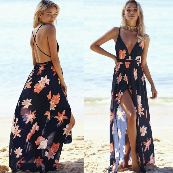 

women floral maxi dress split bandage backless sleeveless holiday beach dress women summer sundress casual party long, Black;gray