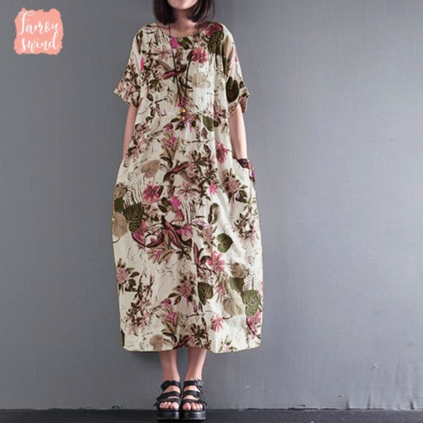 

платье midi женщины цветочные печати богемский o шеи с коротким рукавом свободные партии белья 2019 платье casual плюс размер дизайнер одежд, Black;gray