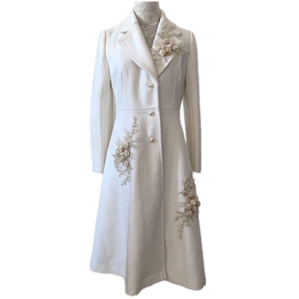 

autumn winter ladies temperament elegant woolen coat women long-sleeved white three-dimensional embroidery slim long wool blend, Black