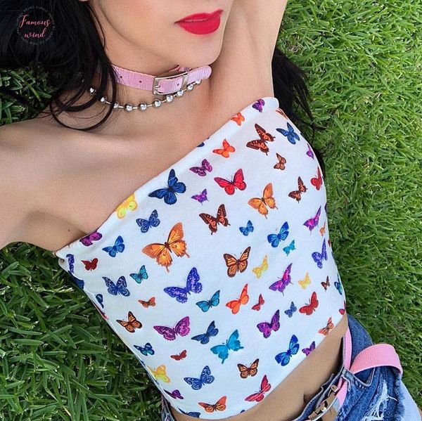 

vests bra girls prints style women butterfly print vest female crop printing cotton harajuku strapless, White