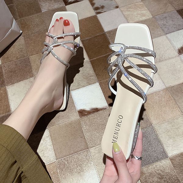 

female shoes square toe glitter slides cross-tied womens slippers outdoor med fashion 2020 jelly block hoof heels pu, Black