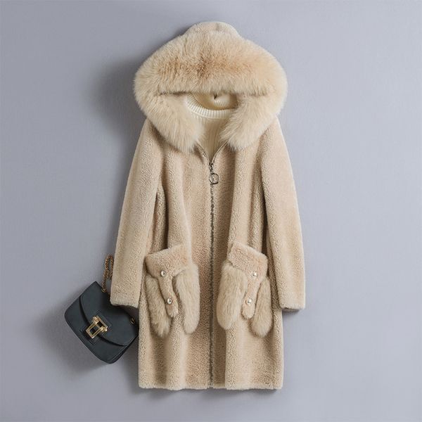 

меховой воротник 100% шерсть куртка натурального меха пальто осень зима пальто женщин одежда 2020 корейский урожай sheep shearling tops zt38, Black