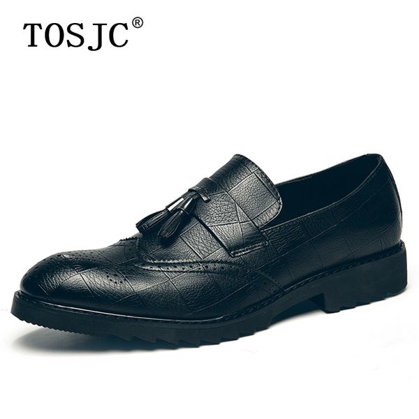 

tosjc new arrive mens tassel loafers fashion carve pointed-toe oxfords luxury wedding dress shoes for man brogue formal shoes, Black