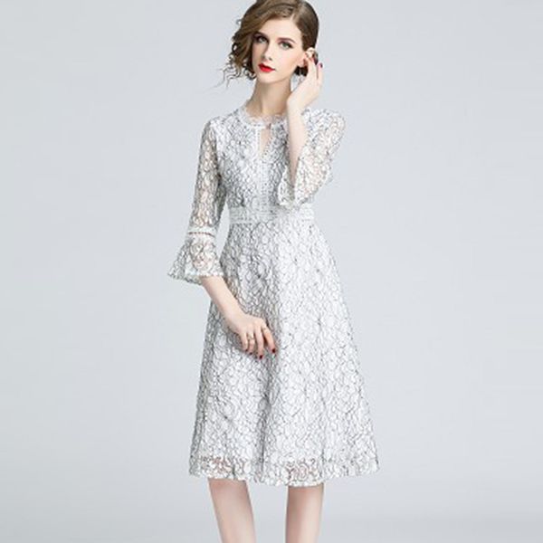 

2019 round neck hollow out horn sleeve temperament skinny long fund lace dress, White;black