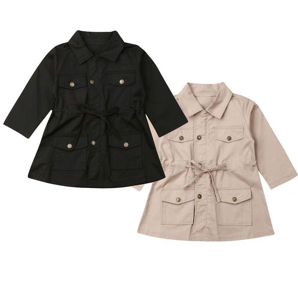 

fashion kids girls autumn lapel horn long sleeve windbreakers trench child casual drawstring pocket coats, Blue;gray