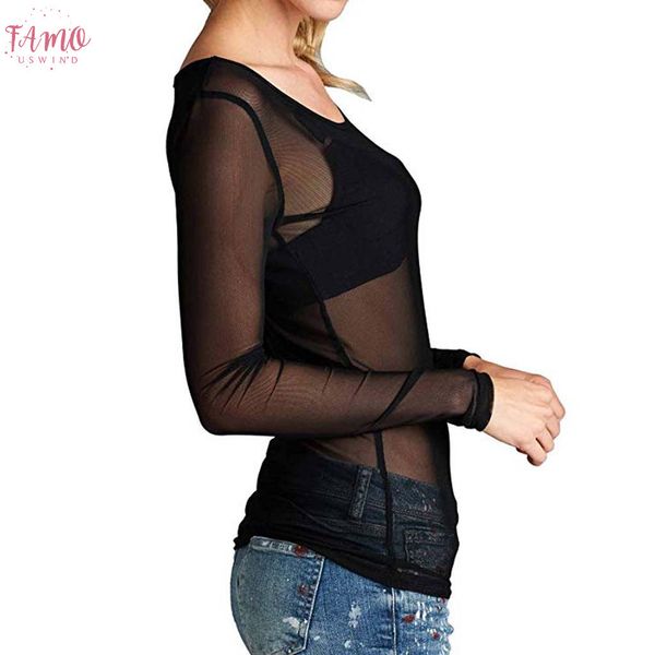 

black transparent t shirt women mesh o neck long sleeve seamless v neck tee shirt mesh hollow out tshirt women summer, White