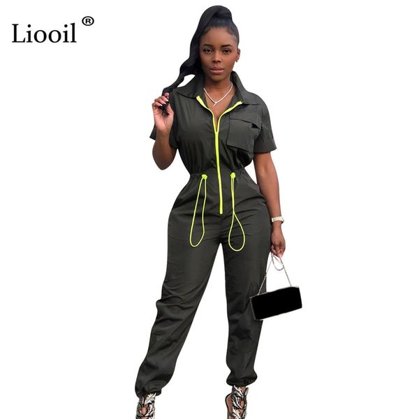 

liooil army green one piece outfit zip up jumpsuits fall 2019 short sleeve belt party club rompers womens jumpsuit overalls, Black;white