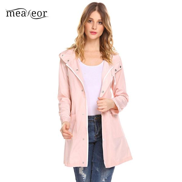 

meaneor lightweight women jackets long sleeve hooded coats waterproof overcoat rain coat solid women jacket raincoat, Black;brown